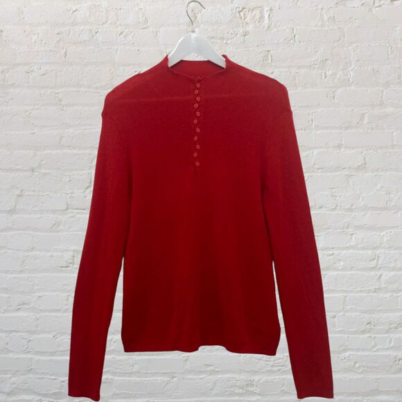 🔥 Merino Wool Henley Sweater M Button Front Red Ribbed Knit Luxury - Picture 2 of 15